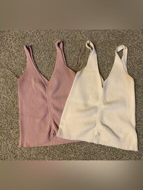 Ribbed V-Neck Tank Top Set- White and Dusty Pink
